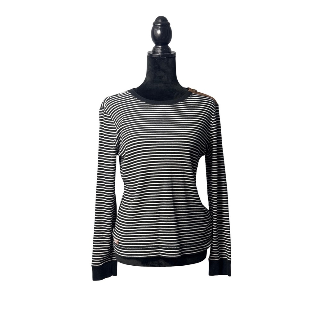 Lauren Ralph Lauren Striped Top Womens Large Black White Excellent Suede Patches